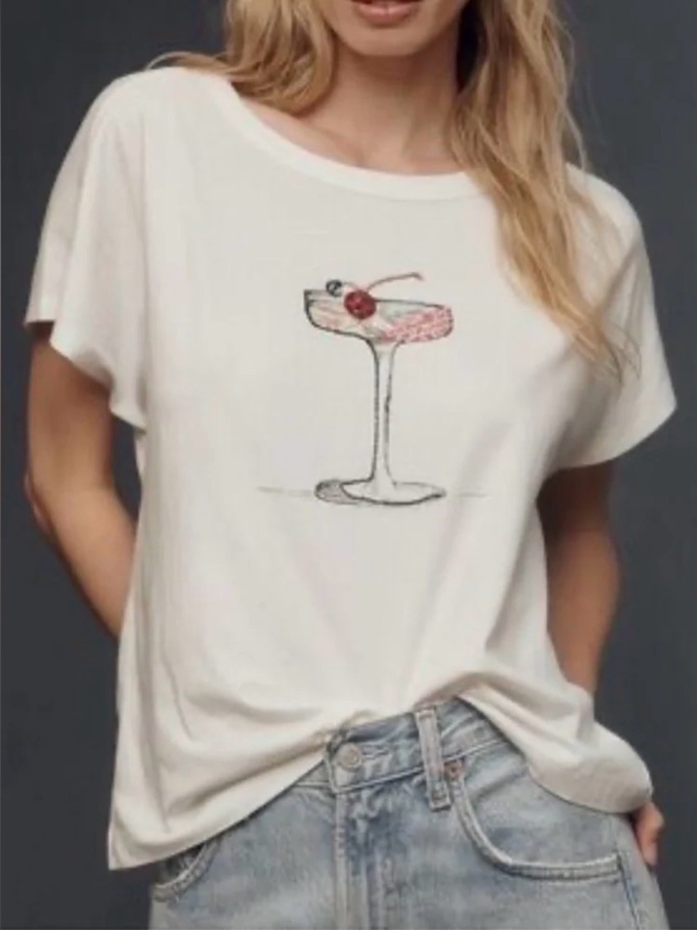 NWT Maeve White boxy tee with beaded cocktail glass- XL